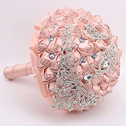 Handmade Luxury Wedding Bridal Bouquet Large Silk Rose Holding Toss Artificial Flowers Bouquets with Satin Ribbon Pearls Rhinestone for Bride Vintage Royal Wedding Bouquet (Champagne Pink) - color: Champagne Pink