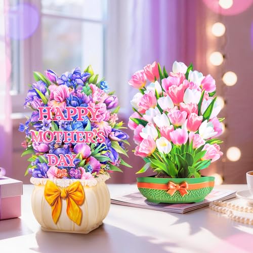 3D Pop Up Flower Bouquet Cards Set of 3 - Orchid Tulip Mothers Day Floral Collection - Birthday Anniversary Thank You for Mom Wife Grandma - Freestanding No Water Everlasting with Gold Envelopes - style: Orchid Tulip Mother's Day
