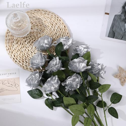 Laelfe 12 PCS Artificial Flowers Silver Roses, Silk Flowers Fake Long Stem Artificial Roses for Home Wedding Bathroom Kitchen Decorations (Silver) - color: Silver