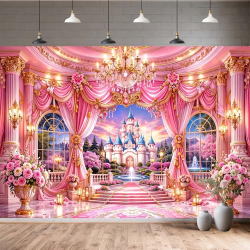 5X3ft Pink Princess Castle Backdrop Floral Curtain Chandelier Palace Photography Background Fairy Tale Wonderland for Girls Birthday Baby Shower Party Photo Booth Wall Decor Banner - color: Multi12, size: 5X3FT