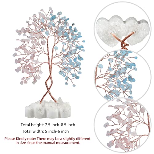 mookaitedecor Natural Rose Quartz & Aquamarine Crystal Tree with Double Heart Rock Quartz Crystal Cluster Stone Base Bonsai Money Tree of Life Home Wedding Decoration - color: Pink & Blue