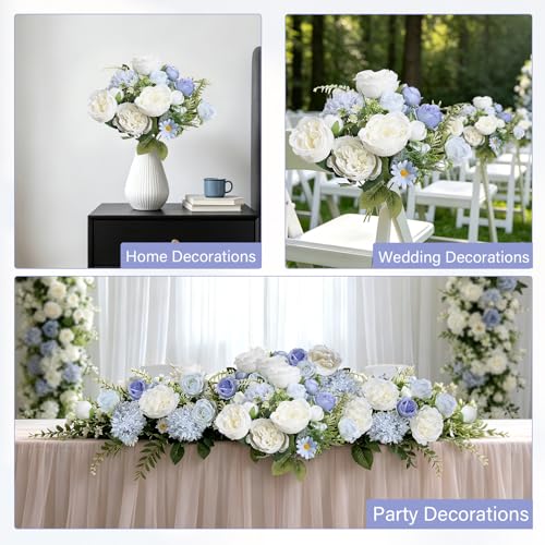 Bundles Artificial Peonies, 24 Bundles Silk Dusty Blue White Peonies with Stems Faux Peony Bundles for Summer Wedding Bouquet Home Bridal Baby Shower Party Centerpieces Vase Office - color: Dusty Blue & White