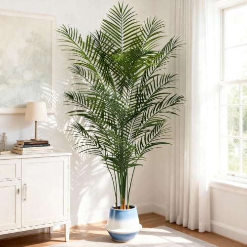 Artificial Areca Palm Plant 7Ft Fake Tropical Palm Tree Perfect Faux Dypsis Lutescens Plants in Pot for Indoor Outdoor House Home Office Garden Modern Decoration Housewarming Gift - size: 7ft