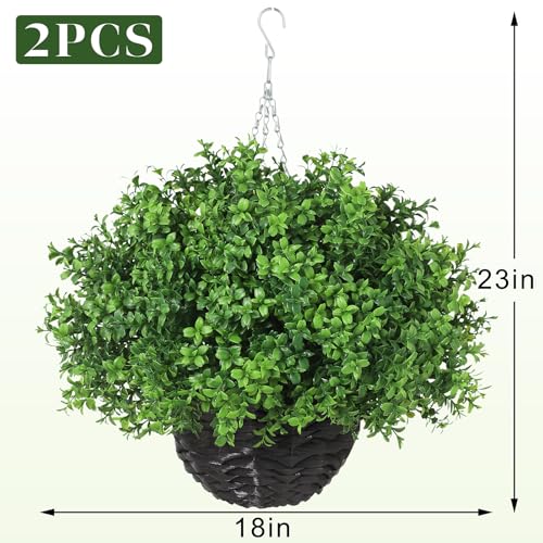YXZZWL Artificial Boxwood Hanging Basket - 2 Sets with Baskets, Hanging Plants Faux Shrubs, Suitable for Porch, Eaves, Farmhouse, and Garden Decoration for Outdoor UV-Resistant Ornaments
