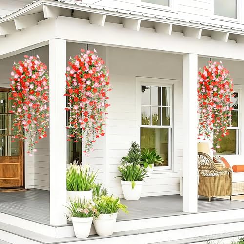 Waipfaru 4 Pcs Artificial Hanging Flowers for Outdoors, Fake Hanging Plants for Outdoor, UV Resistant Silk Faux Violet Flowers Spring Summer Decor for Planter Porch Patio Indoor Decoration, Red - color: Red