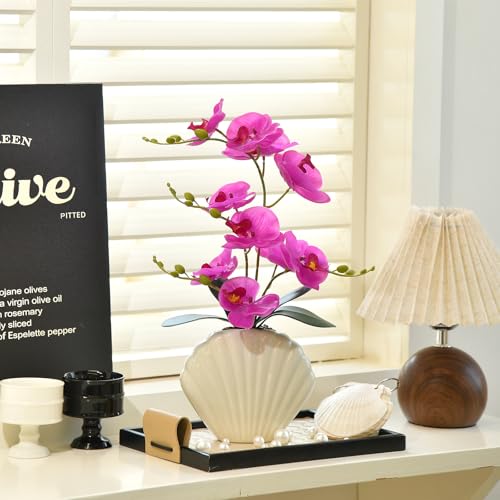 Artificial Phalaenopsis Orchid Plant in Seashell Pot, 16" Fake Orchid Flowers, Silk Faux Orchids for Home Decor, Office, Table Centerpiece, Real Touch Lifelike Indoor House Plant (Fuchsia) - color: Fuchsia