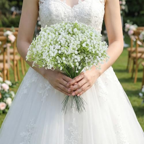 Grevosea 120 Pcs Baby Breath Artificial Flowers - White Green Gypsophila Babies Breath Flowers Artificial Bulk Faux Flower Bouquet Flores Greenery Real Touch Arrangements Wedding Tables Decorations
