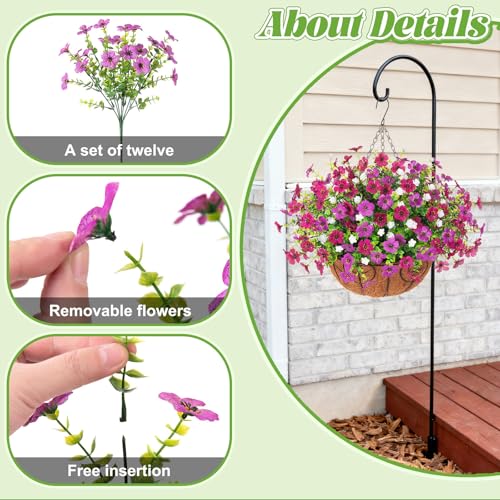 Ammyoo Artificial Faux Hanging Plants Flowers Basket for Spring Outdoor Decoration, Fake Silk Daisy UV Resistant Look Real with Eucalyptus Leaves Summer Outside Decor for Home Patio Garden - color: Purple Purple-red White-boxwood