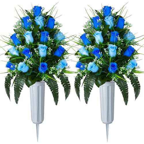 XONOR 2 Sets Artificial Cemetery Flowers, Grave Decorations Roses, Memorial Flowers Bouquet with Vase for Grave Cemetery Decoration (Dark Blue&Light Blue) - color: Dark Blue&light Blue