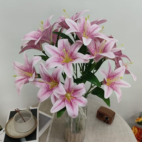 Light Purple Lillies Artificial Flowers, 6 Pcs Faux Lily Flowers,23 Inch Long Stem Tiger Lily Branch with 3 Full Blooms and 4 Leaves, Latex Real Touch Lilium Flower for Wedding Bouquet - color: Light Purple