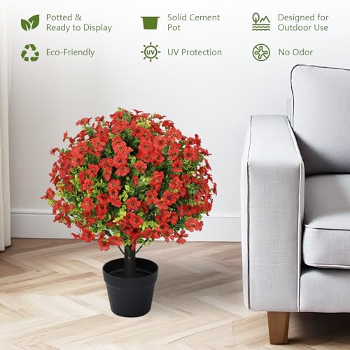 24" Artificial Potted Plants Outdoor Set of 2, UV Resistant Faux Red Daisy Mums Flowers with Eucalyptus, Decorative Plants in Pots for Front Porch, Patio & Entryway - color: Red, size: 24in Daisy Eucalyptus
