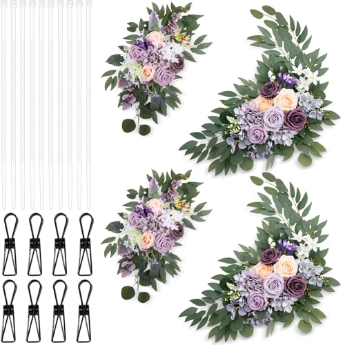 Hotop Wedding Arch Flowers Set of 4 Artificial Flower Swag Wedding Faux Floral Swag with 10 Cable Tie and 8 Clip for Party Welcome Signs Ceremony Reception Backdrop Decor(Dreamy Purple) - color: Dreamy Purple