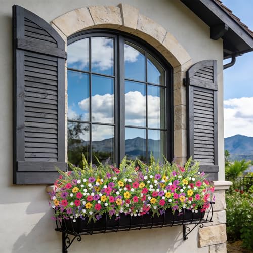ADXORA Artificial Fake Flowers for Outdoor Decoration 12 PCS Faux Silk Daisy Flowers for Outdoor Planters Fern Boxwood Monkey Grass UV Resistant for Outside Home Porch Patio Planter Decor - color: Set1-mix Flowers+boxwood White+lavender+ferns