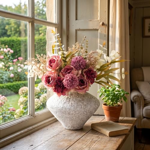 Artificial Flowers Bouquet - Faux Silk Flowers Centerpiece, Realistic Fake Flowers Plants for Home Decor Dining Table, Indoor Vase, Wedding Bouquet Arrangements (Red) - color: Red