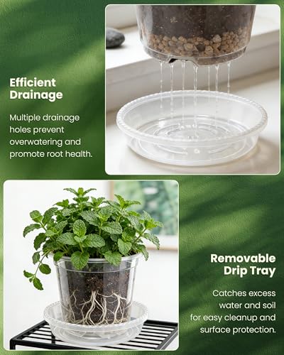 24 Packs Clear Nursery Pots for Plants with Saucers, 7/6/5/4 Inch Plastic Flower Pots with Drainage Hole, Variety Pack Seedlings Plant Pot with 24 Plant Labels - size: 4/5/6/7 24pcs