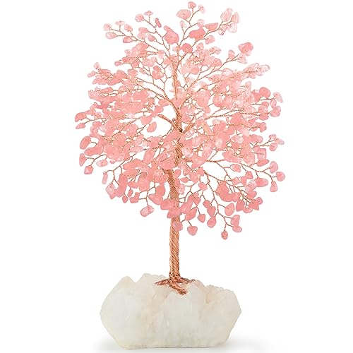 Gemstone Crystal Tree of Life,Natural Rose Quartz (406 Stones) with Clear Quartz Base,Chakra Balancing Positive Energy Feng Shui Home Decor Bonsai Money Tree,Birthday Gift 8.5"-9" - color: Rose Quartz Tree With Quartz Base