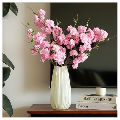 3Pcs Pink Artificial Cherry Blossom Branches - Silk Faux Peach Flowers Stems with Leaves Fake Plants Bouquet for Vase Home Wedding Outdoor Spring Garden Decoration (Pink) - color: Pink