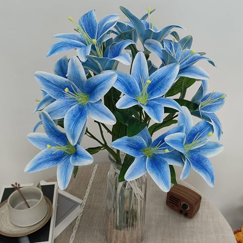 Blue Lily Artificial Flowers,6 Pcs Flowers,23 Inch Long Stem Tiger Lilies Branch with 3 Full Blooms and 4 Leaves, Latex Real Touch Lilium Flower for Wedding Bouquet - color: Blue