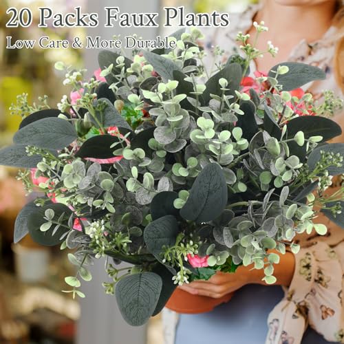 Janinka Mixed Eucalyptus Leaves Stems Bulk with White Seeds Artificial Silver Dollar Leaves Sprays Faux Oval for Wreath Garland Floral Bouquets Arrangement Wedding Greenery Decoration (20 Pcs)