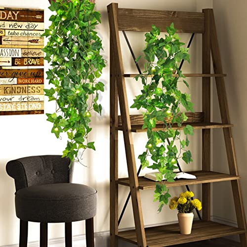 RECUTMS Hanging Fake Plants 4 Pack Artificial Vines Silk Ivy Greenery Garland with 30 LED Fairy String Lights Indoor and Outdoor Home Garden Hotel Green Leaves Wedding Bedroom Office Decoration - color: Hang-green Light