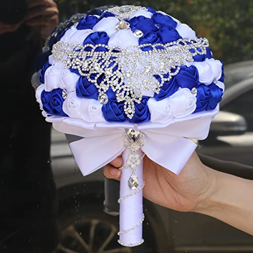 Handmade Luxury Wedding Bridal Bouquet Large Silk Rose Holding Toss Artificial Flowers Bouquets with Satin Ribbon Pearls Rhinestone for Bride Vintage Royal Wedding Bouquet (Sapphire Blue+White) - color: Sapphire Blue+white
