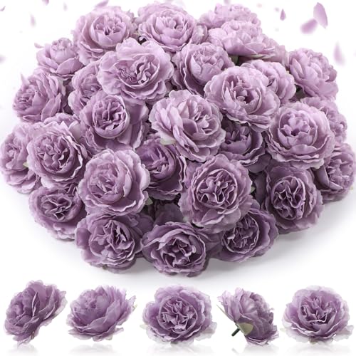 Thiccywoov 50 Pcs Artificial Flowers, 3.2 Inches Silk Rose Head Flowers Fake No Stem for Wedding Bridal Bouquet Home Floral Decor DIY Centerpieces Arrangements Party Tables Decoration(Purple) - color: Purple