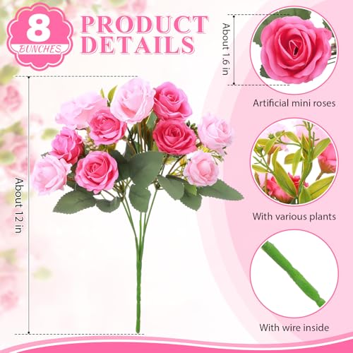 Zeyune 8 Pack Artificial Mini Mixed Pink Roses, 12 Inch Fake Flowers with Stems, 80 Small 1.6 Inch Flower Heads, Silk Mini Rose Bouquets for Wedding Centerpieces, Bridal Bouquets, Home Party Decor - color: Mixed Pink
