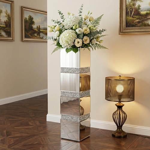 30" Large Crushed Diamond Floor Vases,Tall Mirrored Silver Crystal Vase, Floor Vases Decorative Tall,Big vase for Home,Office,Hotel (8" L x 8" W x 30" H) - size: Crushed Diamond:8''L X 8''W X 30''H