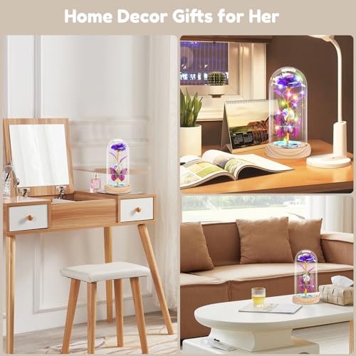 Otlonpe Preserved Artificial Rose Flower Lamp, Forever Women Gifts for Birthday Christmas Valentines Mothers Day, 7.7'' Glass Rose Wood Base Butterfly, Gifts for Mom Grandma Daughter Wife Girlfriend - color: Wood Purple