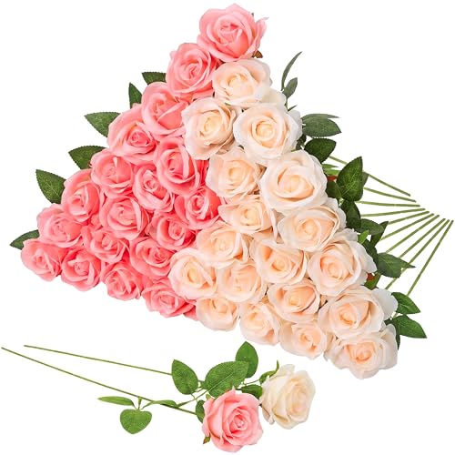 36 Pcs Pink Champagne Rose Artificial Flowers Bulk with Long Stem,Realistic Silk Fake Roses Plastic Roses Bouquet Artificial Flowers for Bridal Wedding Arrangement Table Centerpieces Decor - color: Pink, Champagne