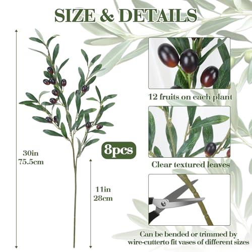 8 PCS 30" Faux Olive Branches Silk Leaves Fake Olive Tree Branches with 96 Fruits Realistic Artificial Greenery Stems for Vase Fillers Home Centerpieces Wedding Office Indoor Decor - color: 8 Pcs Olive Branches