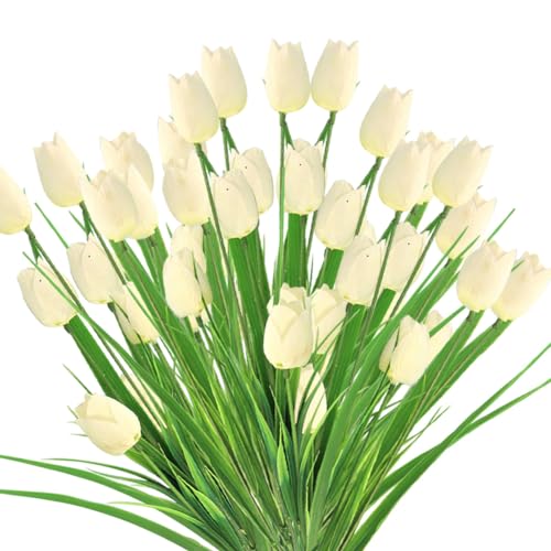 10 Bundles Artificial Tulips Flowers Outdoor,16.5 inch UV Resistant Fake Tulips Real Touch Flowers,Faux Tulips Realistic Flowers for Home Garden Outside Wedding Decor (White) - color: White