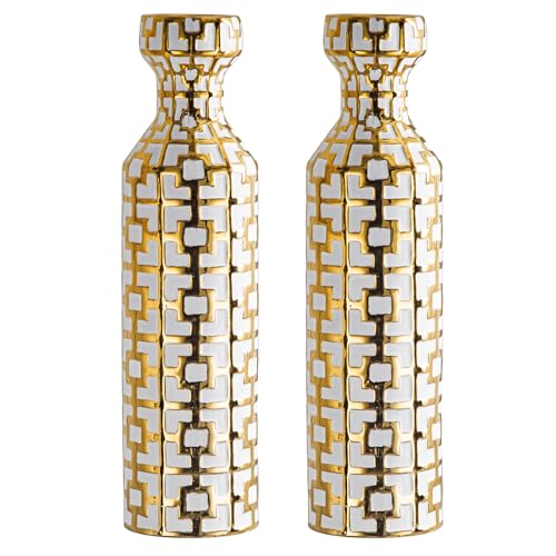 Pair of 24.4" Tall Ceramic Cylinder Vases with Geometric Gold Accents, Large Flower Vase, Decorative Vase - Modern White & Gold Floor Vases for Living Room, Entryway Decor (Set of 2) - color: White With Gold Set of 2