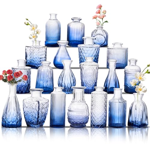 Glass Bud Vase Set of 20, Small Flower Vases, Glass Vases for Centerpieces, Vintage Home Table Decorations Bud Vases (20 Pcs, Blue) - color: Blue, size: 20 Pcs