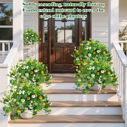 Krissing 3 Pcs Artificial Flowers for Outdoors UV Resistant, Faux Greenery Plants with Daisy Flowers for Outside Planters Garden Porch Window Box Home Decor (Yellow, White) - color: Yellow+white, size: 3