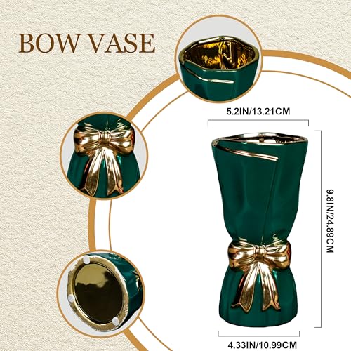 Modrn Ceramic Vase with Bow - 10 inch Green Vases Home Decor, Glazed Centerpiece Vase for Kitchen and Coffee Table, Shelf, Fireplace, Outdoor Table Decor - color: Dark Green, size: 10 inch