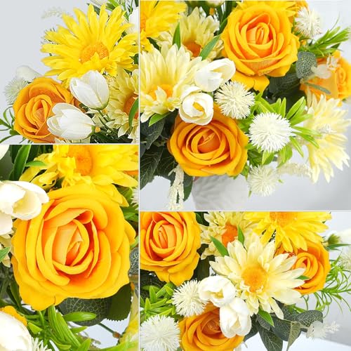 Yellow Roses Artificial Flowers, Faux Tulips Flowers with Yellow Roses Daisy Bouquets, Spring Silk Flowers Arrangement for Home Living Room Party Wedding Offices Bookshelf Decorations (Yellow)