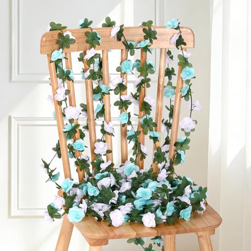 KHOYIME 9 Pack 72 FT Artificial Flower Garland, Fake Blue White Roses Vines Silk Flowers Faux Plastic Outdoor Hanging Floral Ivy Garland Decoration for Wedding Arch Bedroom Home Wall Backdrop Decor - color: Blue and White, size: 9pcs