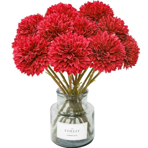 Tinsow 12Pcs Artificial Chrysanthemum Faux Red Ball Flowers Burgundy Fall Flowers for Christmas Autumn Farmhouse Home Decoration (12, Red) - color: Red
