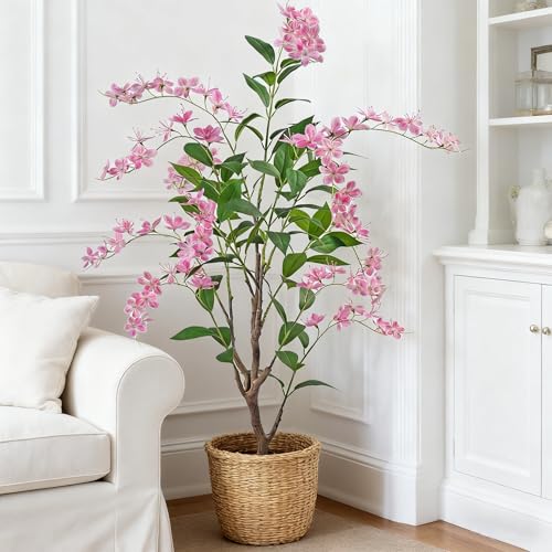 Artificial Jasmine Tree 5ft Beige Flower Pot Fake Trees, Lifelike Artificial Trees with Natural - Looking Blooms, Perfect for Any Space - size: 5ft