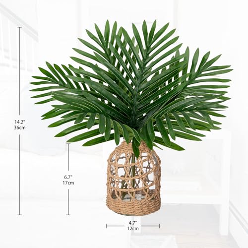 Fake Plants 14.2" Faux Palm Plant in Glass Vase, Realistic Tropical Fake Palm House Plants Artificial Palm Leaves Greenery Stems for Home Bathroom Office Farmhouse Balcony Shelf Centerpiece Décor - color: Palm