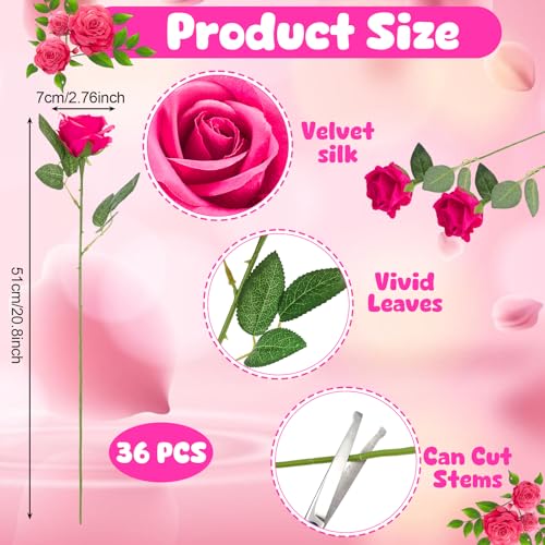 36 Pcs Hot Pink Artificial Roses with Long Stems, Fake Silk Rose Artificial Flowers Bulk for Bridal Wedding Bouquet Centerpiece Ball Arrangement Party Decor - color: Hot Pink