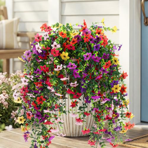 CEWOR 4pcs Artificial Hanging Flowers Plants for Outdoor, Fake Flowers Faux Silk Daisy with Eucalyptus, UV Resistant Realistic Faux Flower for Outside Indoor Home Porch Patio Decor, Multicolor - color: Multicolor Daisy