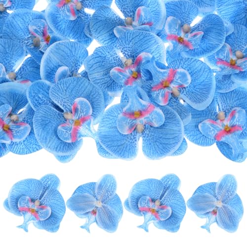 M METERXITY 20-Pack Artificial Orchid Flower Heads, Silk Faux Butterfly Flowers Head for Wedding/Bouquet/Bridal/Party Decor, Fake Phalaenopsis Petals Bulk [2.76 Inch, Blue] - color: Blue, size: 2.76 Inch
