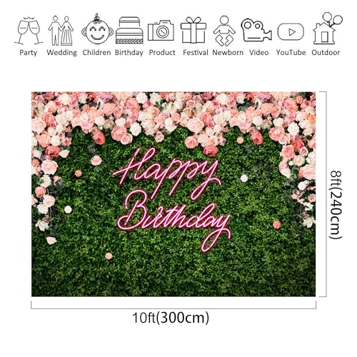 Riyidecor Happy Birthday Backdrop Vinyl for Women Neon Flower Wall Pink Rose Green Leaves Floral Blossom Botanical Plant Nature 10Wx8H Feet Girls Photography Background Birthday Photo Studio Shoot - color: A-Birthday （Green Rose）, size: 10Wx8H