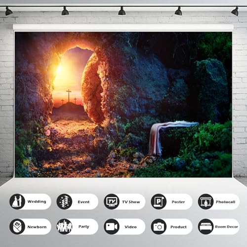 Empty Stone Tomb Backdrop Sunrise Sunset Crucifixion Resurrection of Jesus Christ Photography Background Holy Lights Cross Background God Bless Jesus Christian Easter Christian Backdrop 5x3ft - color: Black_Orange, size: 5x3ft