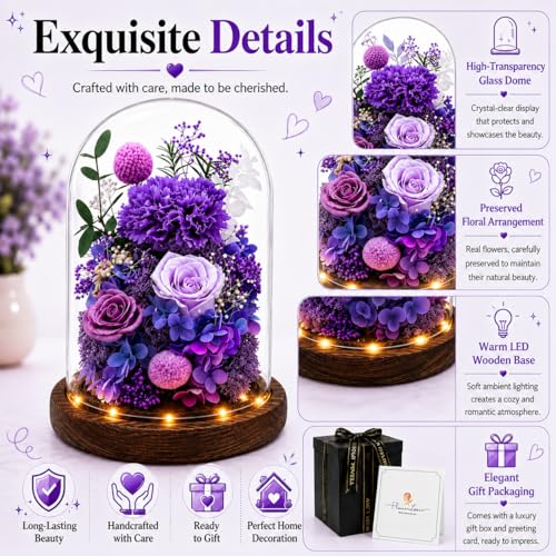 Preserved Flowers in Glass, Preserved Rose with 1 Royal Purple Carnation & 2 Roses, Eternal Flower Gift for Grandma Wife, Forever Flowers for Anniversary Birthday Lasts 3-5 Years - color: Purple