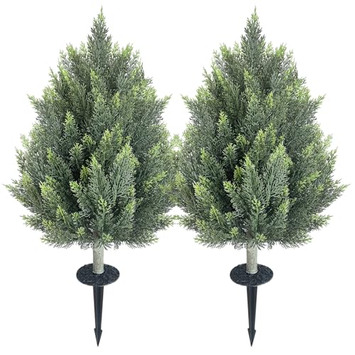 32inch Artificial Topiary Tree Set of 2 Beautiful Realistic Faux Cedar Pines Christmas Trees UV Rated Fake Shrubs for Front Porch Faux Plants Indoor and Outdoor Decor - color: Cedar-tower