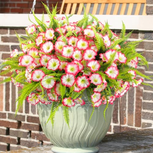 Artificial Flowers for Outdoors 12 Bundles UV Resistant Pink Artificial Petunias Fake Flowers Shrubs Plants with Fern for Indoor Outside Hanging Planters Home Garden Spring Summer Decorations - color: Pink