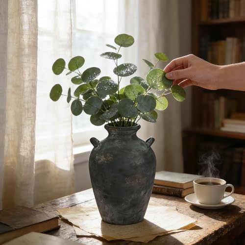Ceramic Flower Vase with Handles, 9.2 Inch Rustic Vase Farmhouse Decorative Pottery Vase for Home Decor, Living Room, Bathroom, Kitchen, Shelf, Mantel, Black - color: 9.2"h-black
